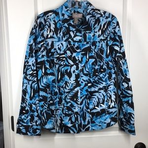 New Chico’s 0 Shirt Jacket S Black Blue White Leaves